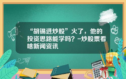 “胡锡进炒股”火了，他的投资思路能学吗？-炒股票看啥新闻资讯